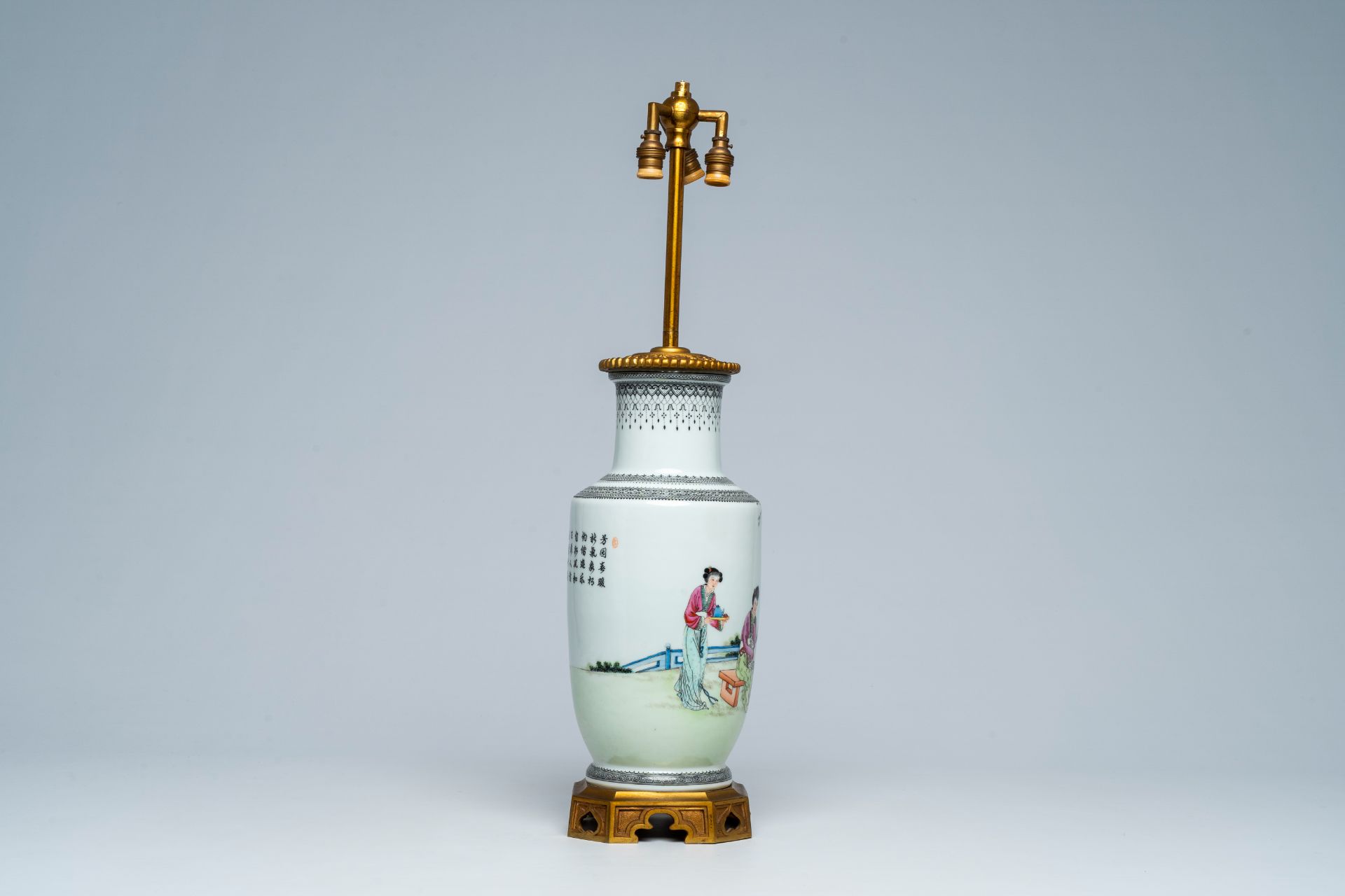 A Chinese famille rose vase with ladies in a garden mounted as a lamp, Republic, 20th C. - Image 4 of 6