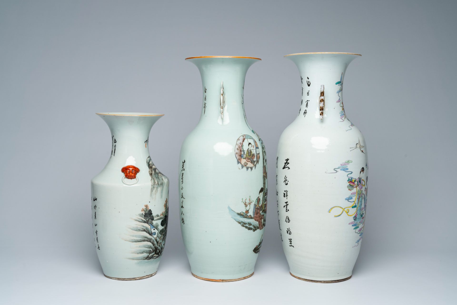 Three Chinese famille rose and qianjiang cai vases with ladies and a landscape, 19th/20th C. - Image 5 of 9