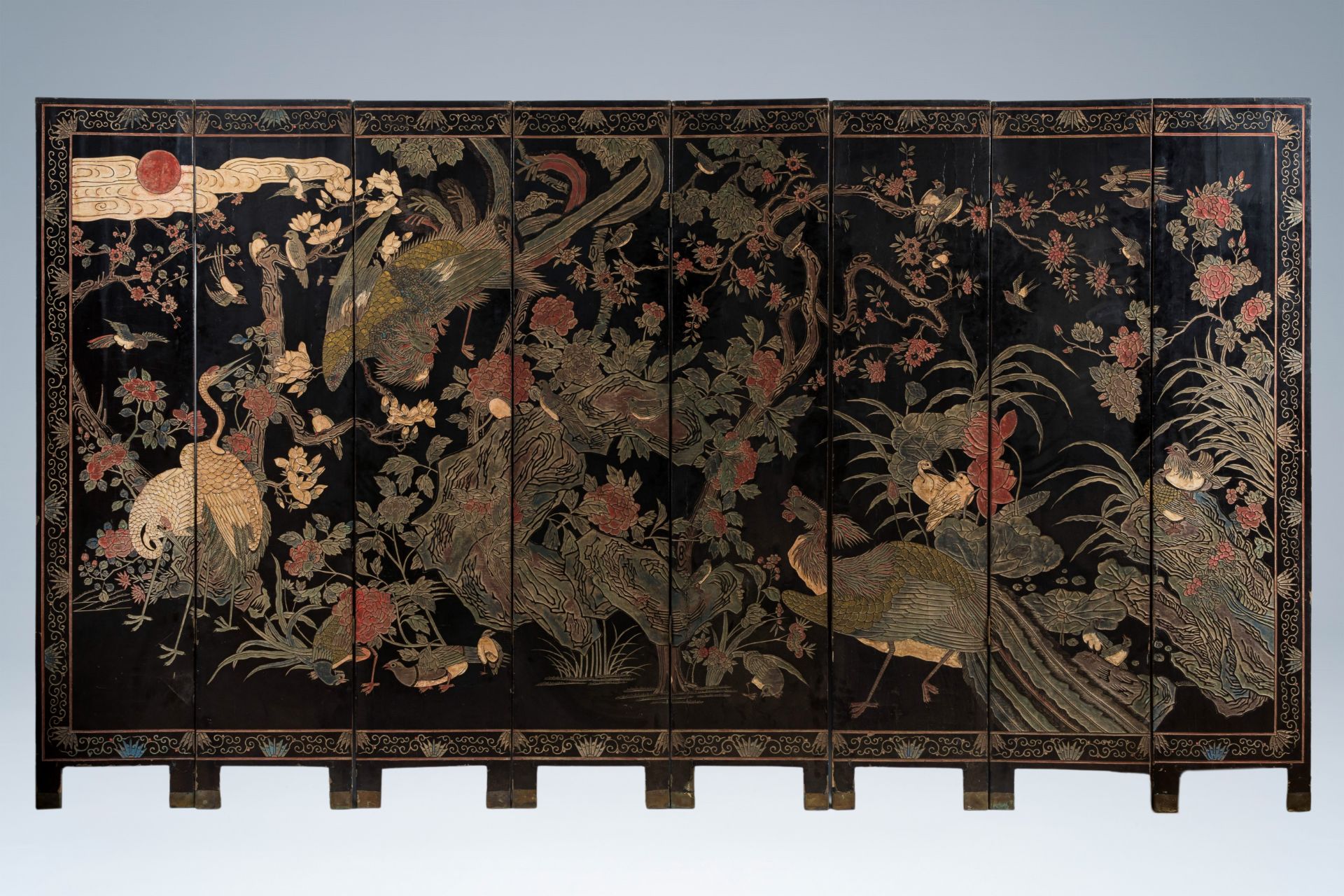 A Chinese eight-screen lacquered coromandel wood room divider, 19th C. - Image 2 of 13