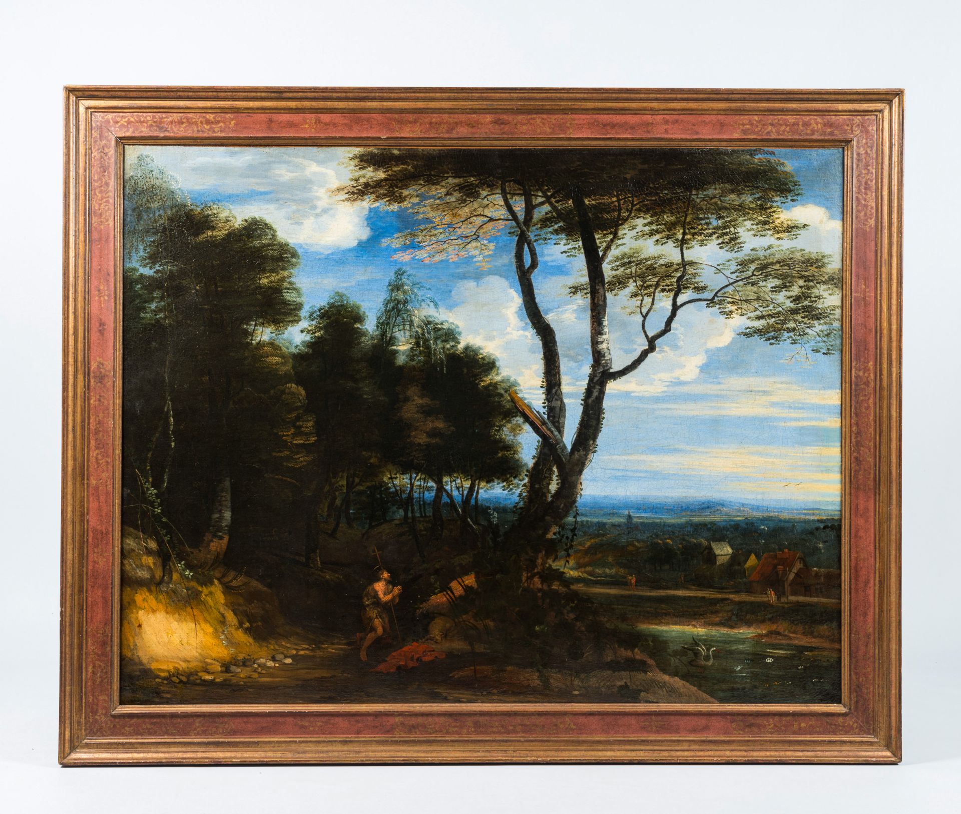 Flemish school: Landscape with Saint Jerome praying, oil on canvas, 17th C. - Image 2 of 7