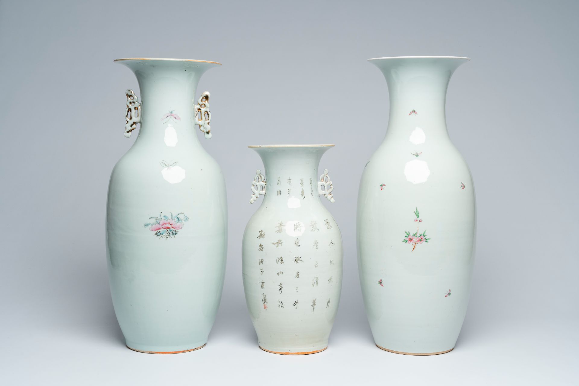 Three Chinese qianjiang cai vases with ladies in a garden and birds among blossoming branches, 19th/ - Image 4 of 7