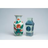 A square Chinese blue and white celadon ground 'phoenixes' vase and a famille rose vase with lotus f