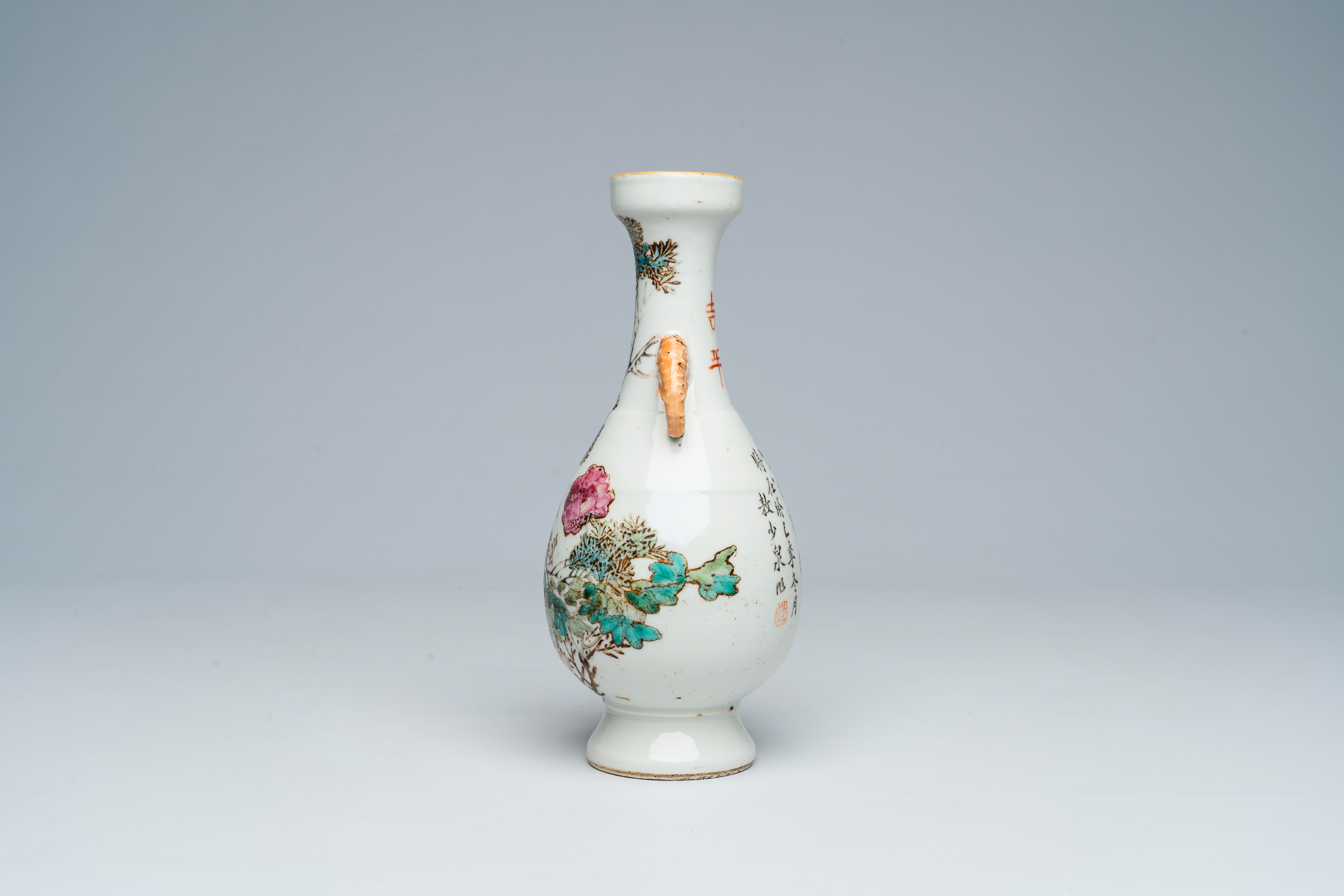 A Chinese qianjiang cai vase with a crane among blossoming branches and elephant head shaped handles - Image 2 of 6