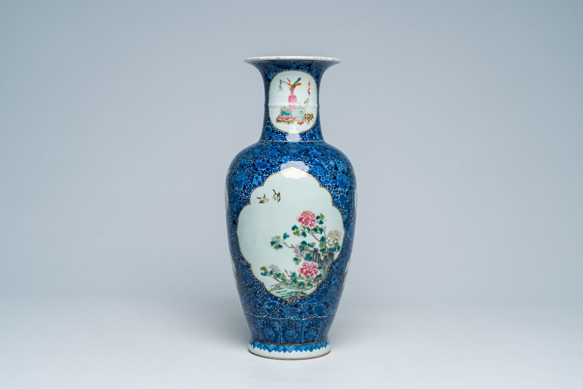 A Chinese famille rose vase with birds among blossoming branches, Qianlong mark, Republic, 20th C. - Image 4 of 7