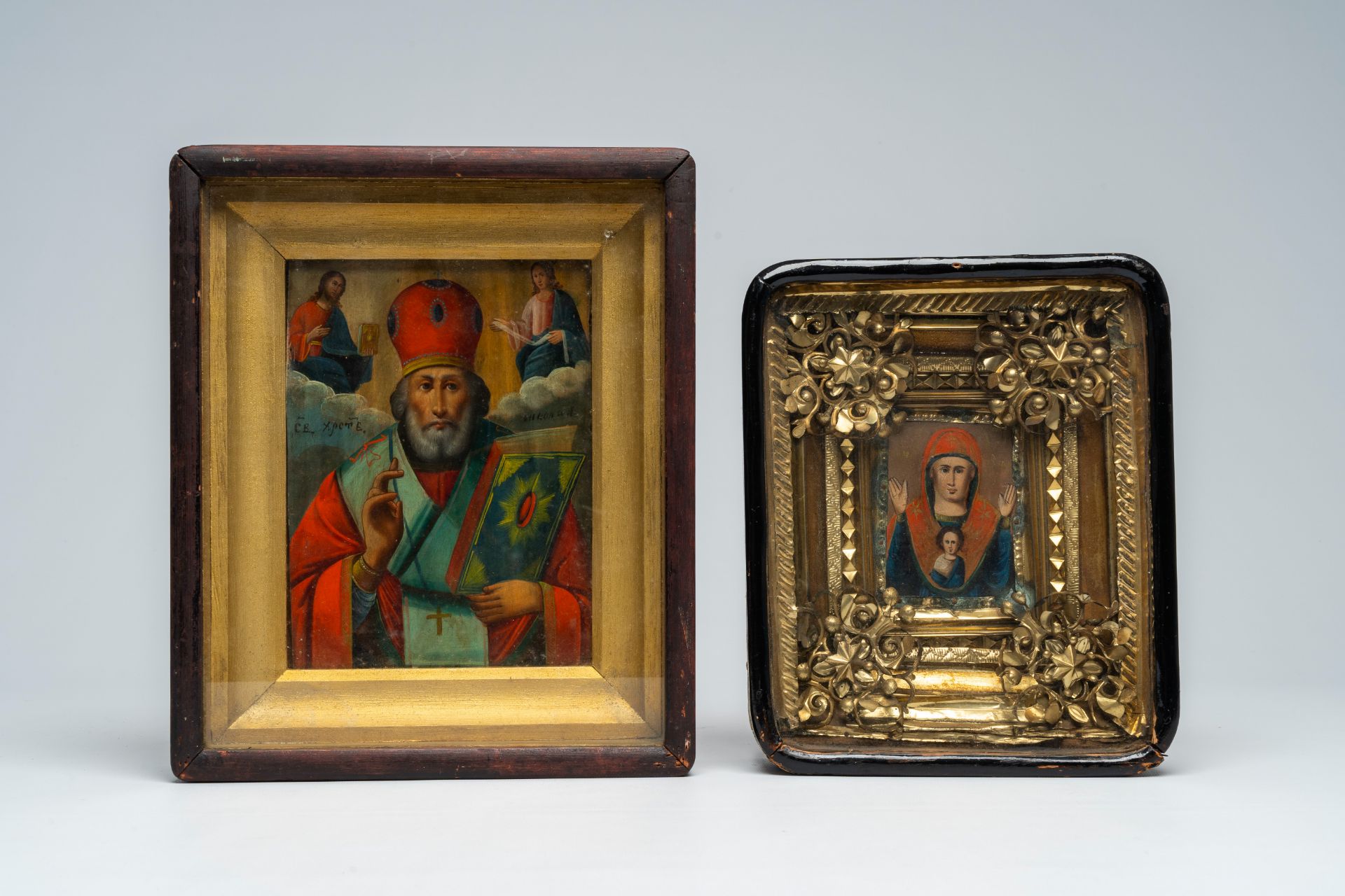 Eastern European school: Two orthodox paintings, 'Mother of God' and 'Saint Nicholas', oil on panel,
