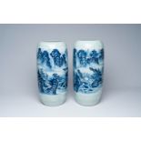A pair of Chinese blue and white celadon 'landscape' vases, 20th C.