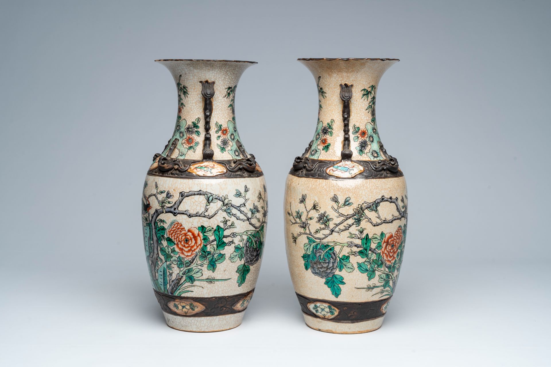 A pair of Chinese Nanking crackle glazed famille verte vases with a bird among blossoming branches, - Image 2 of 6