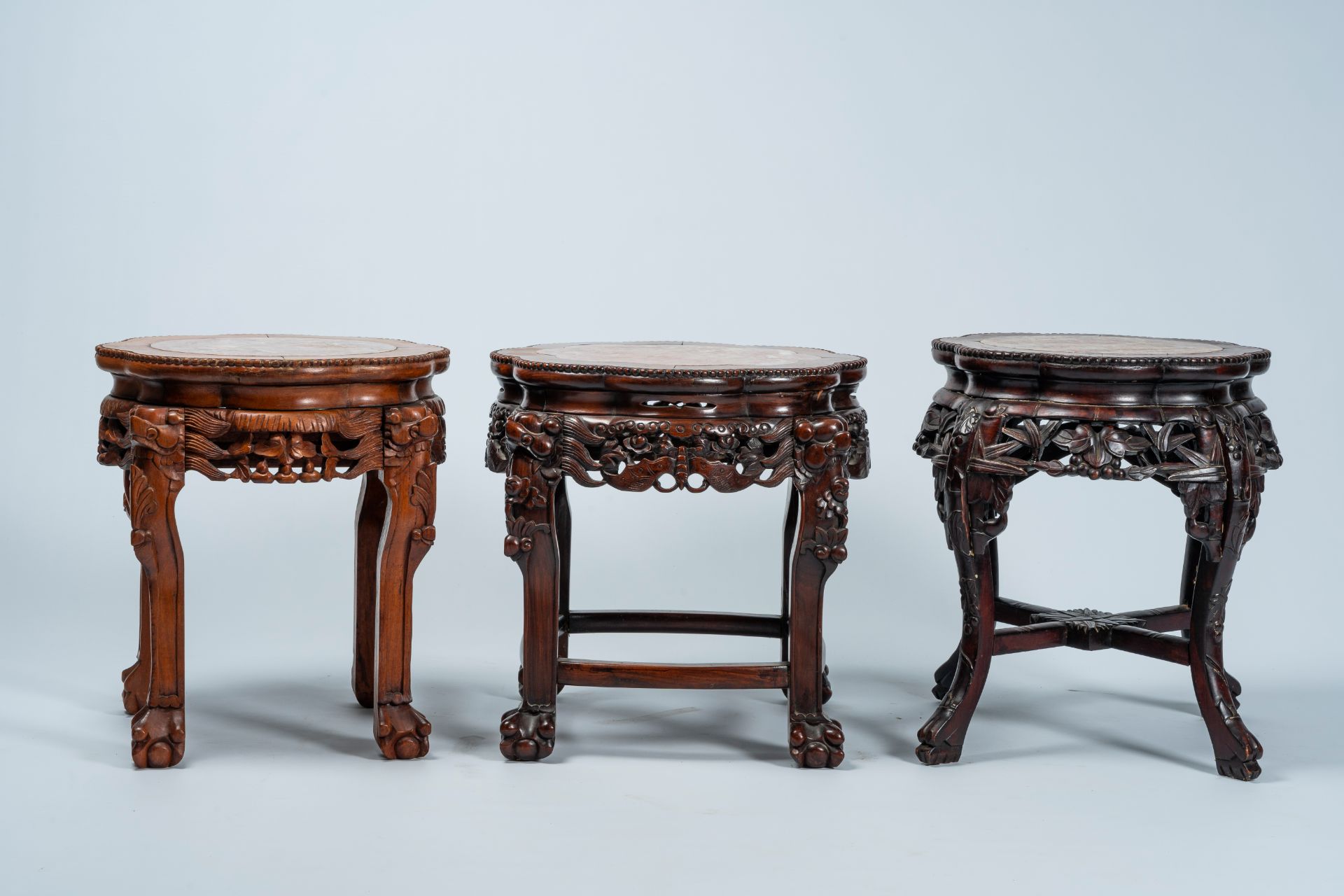 Three Chinese open worked lobed carved wood stands with marble top, 19th/20th C. - Image 5 of 8
