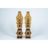 A pair of Flemish gilt and patinated wood obelisk-shaped tortoiseshell inlaid reliquaries, 17th C.