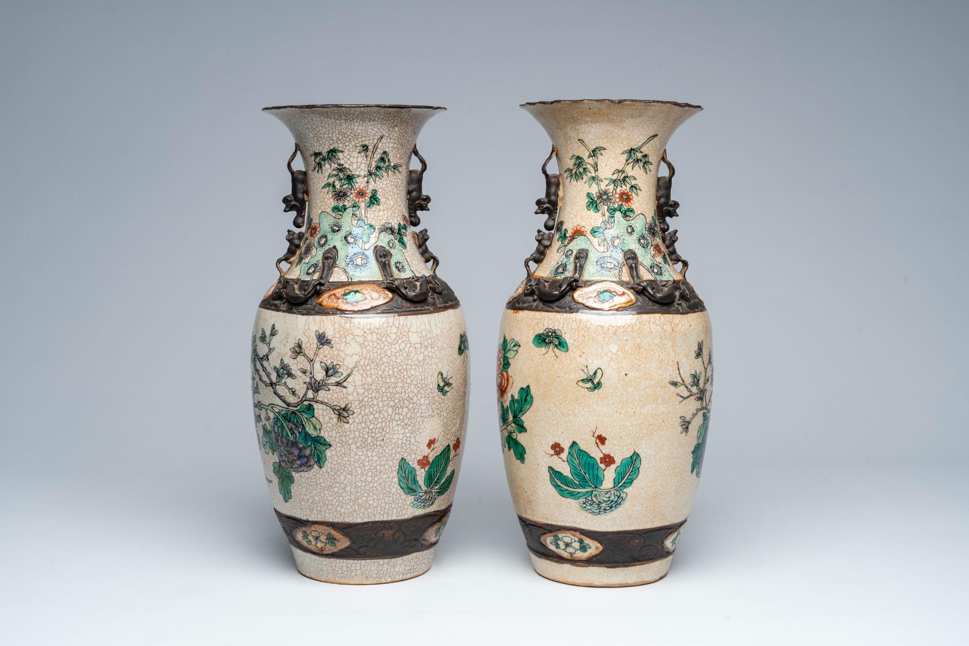 A pair of Chinese Nanking crackle glazed famille verte vases with a bird among blossoming branches, - Image 3 of 6