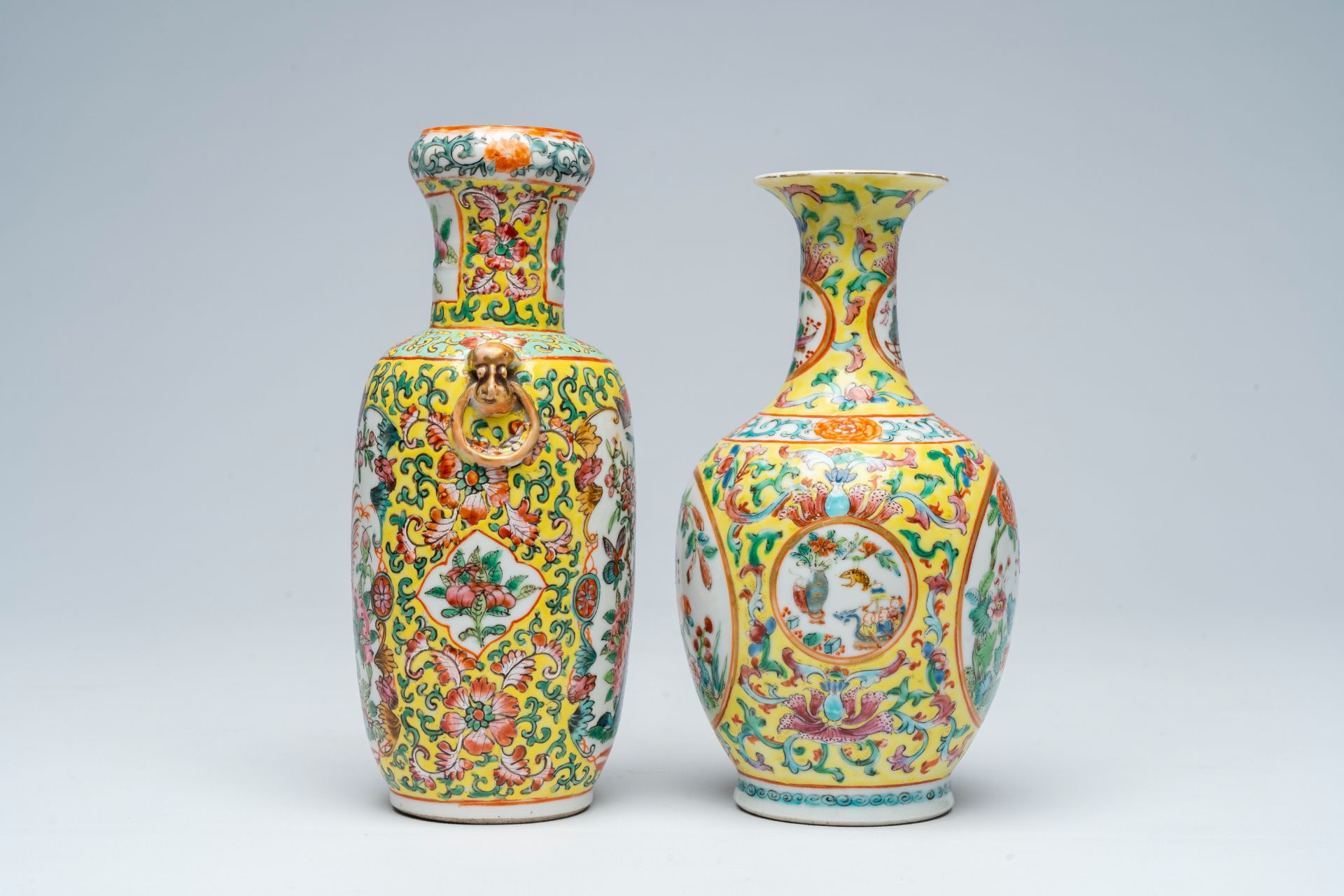 Two Chinese famille rose yellow ground vases with antiquities and floral design, 19th C. - Image 4 of 6