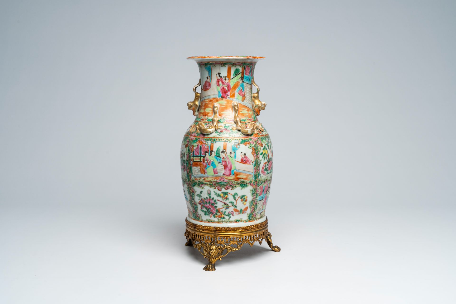 A Chinese Canton famille rose gilt brass mounted vase and a charger with palace scenes and floral de - Image 4 of 9