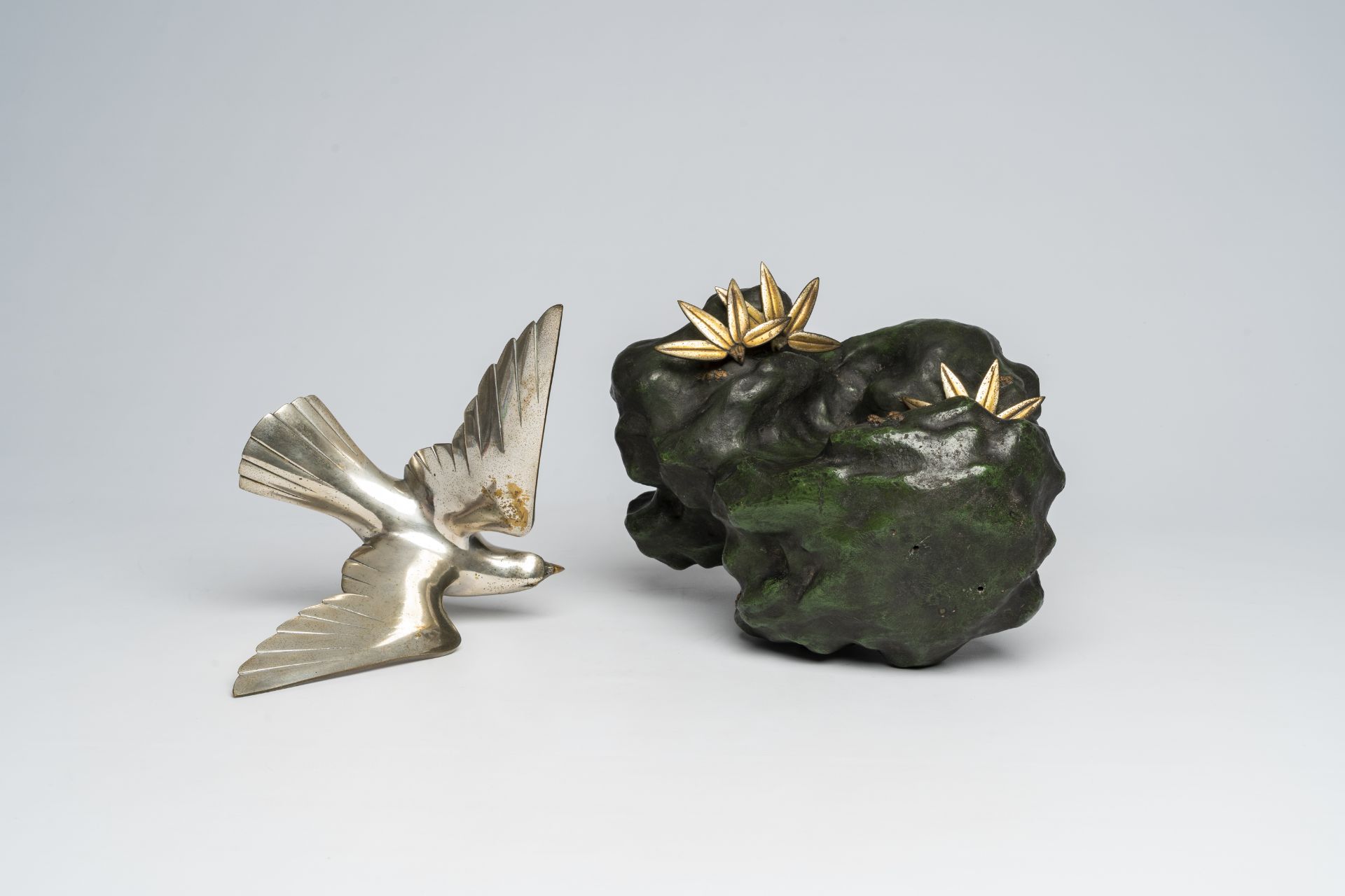 A Japanese patinated and silver-plated metal okimono of an eagle on a rock, signed Hidemasa, 20th C. - Image 6 of 17