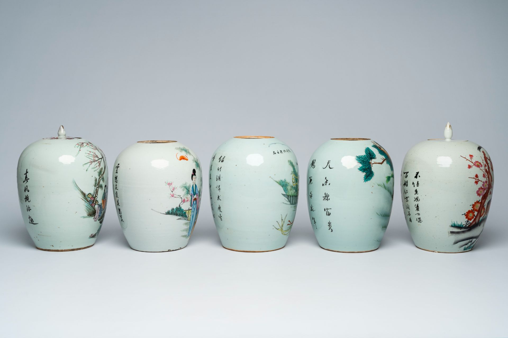 Five Chinese famille rose and qianjiang cai jars and covers with ladies in a garden and a deer in a - Image 5 of 9