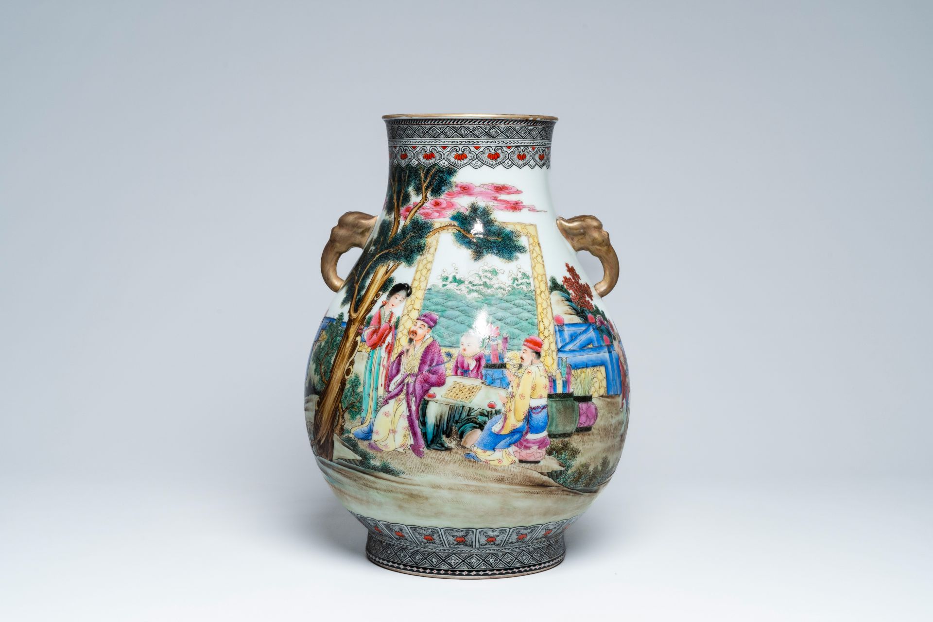 A Chinese famille rose 'hu' vase with go players and figures in a palace garden, Qianlong mark, 20th - Image 2 of 7