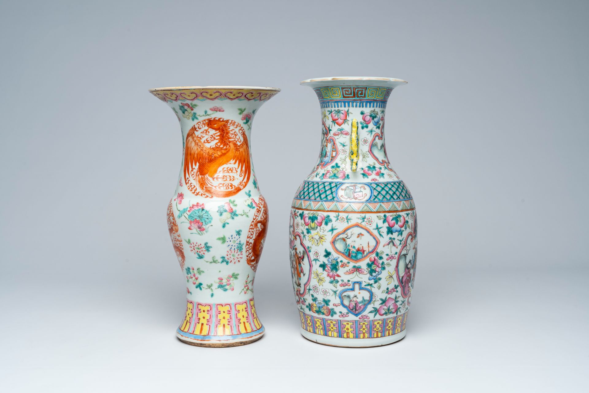 A Chinese famille rose vase with palace scenes and an iron red 'dragons and phoenixes' yenyen vase, - Image 3 of 7