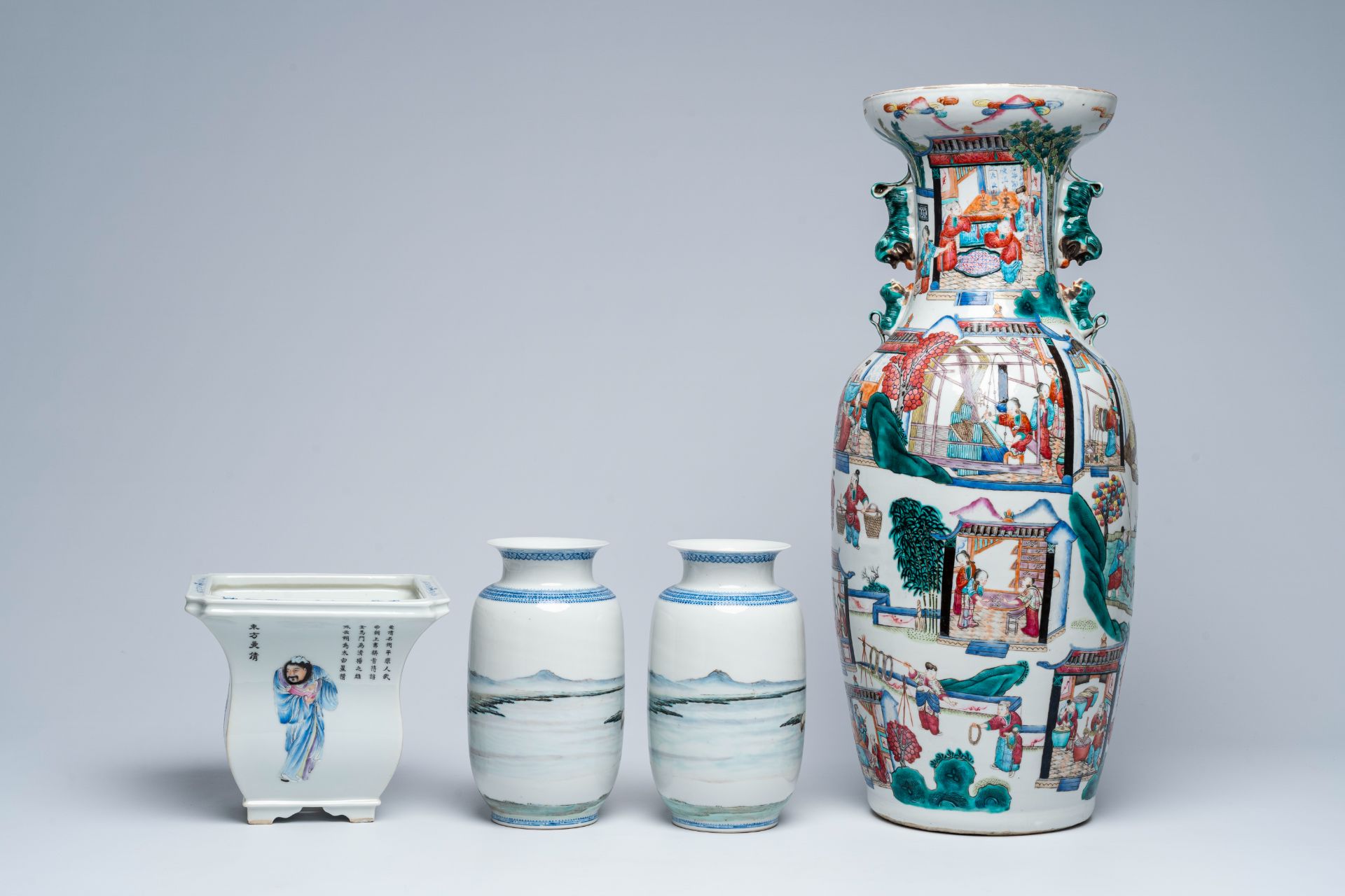 A Chinese famille rose 'rice production' vase, a pair of 'Eight Horses of Wang Mu' vases and a Wu Sh - Image 4 of 7