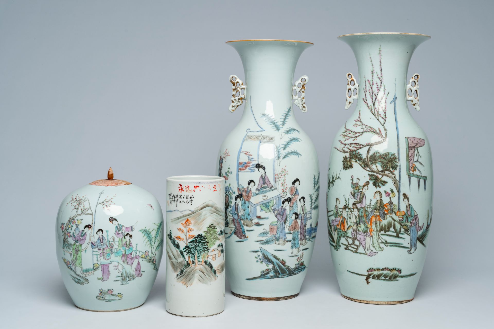 Two Chinese famille rose vases, a jar and cover with ladies in a garden and a qianjiang cai hat stan