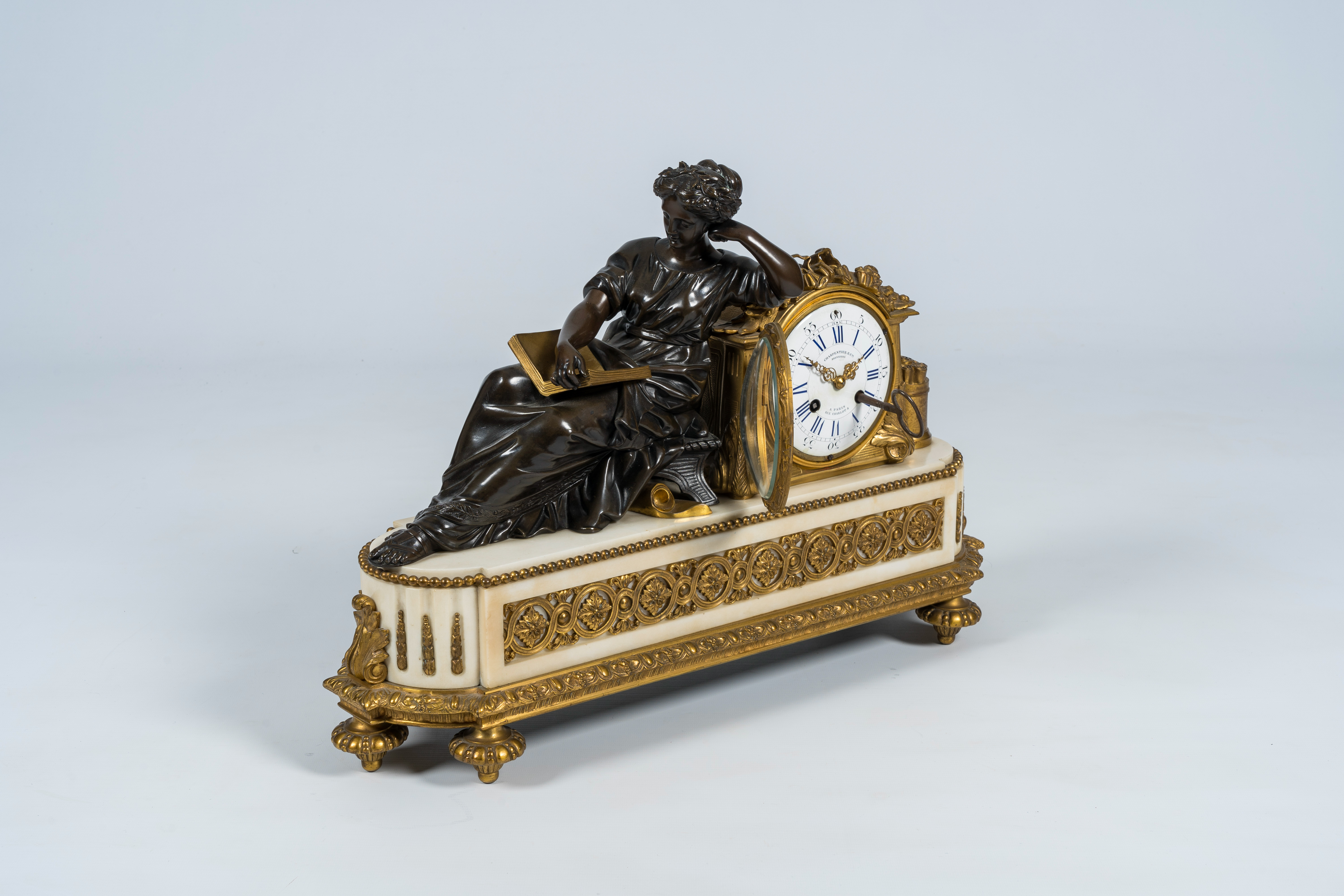 A French gilt bronze mounted white marble mantel clock with a reading lady, Charpentier & Cie, 19th - Image 9 of 9