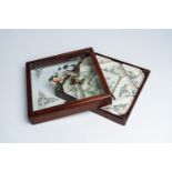 A Chinese famille rose sweetmeat or rice table set with ladies in a garden in the matching box, 19th