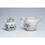 Two Chinese famille rose and verte-Imari teapots with fruits, antiquities and floral design, Yongzhe