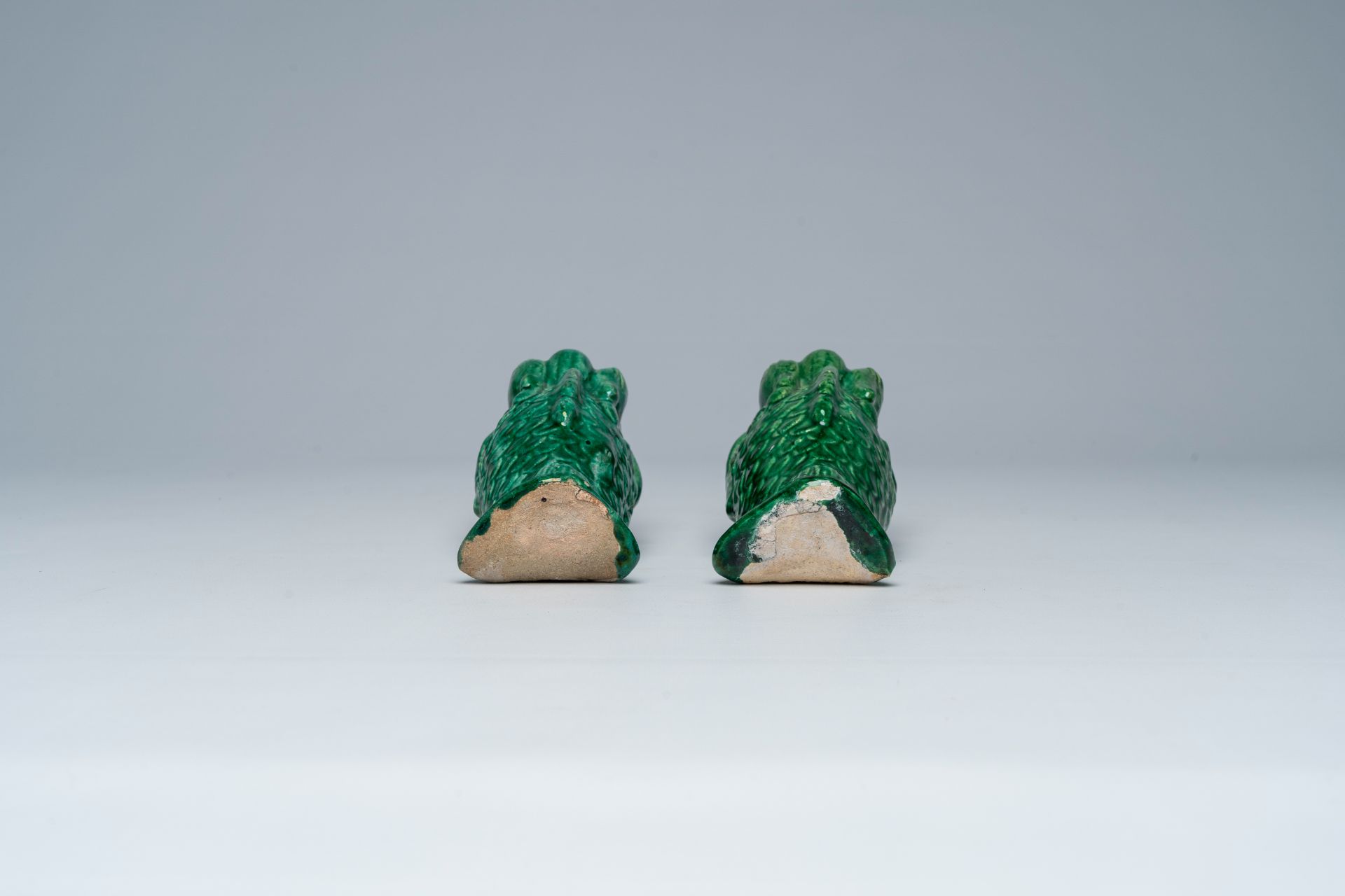 A pair of Chinese green glazed earthenware 'carp' wall vases, ca. 1900 - Image 5 of 7