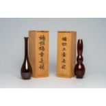 Two stylized Japanese chestnut brown patinated bronze vases, Nakajima Yasumi II (1905-1986), Showa,