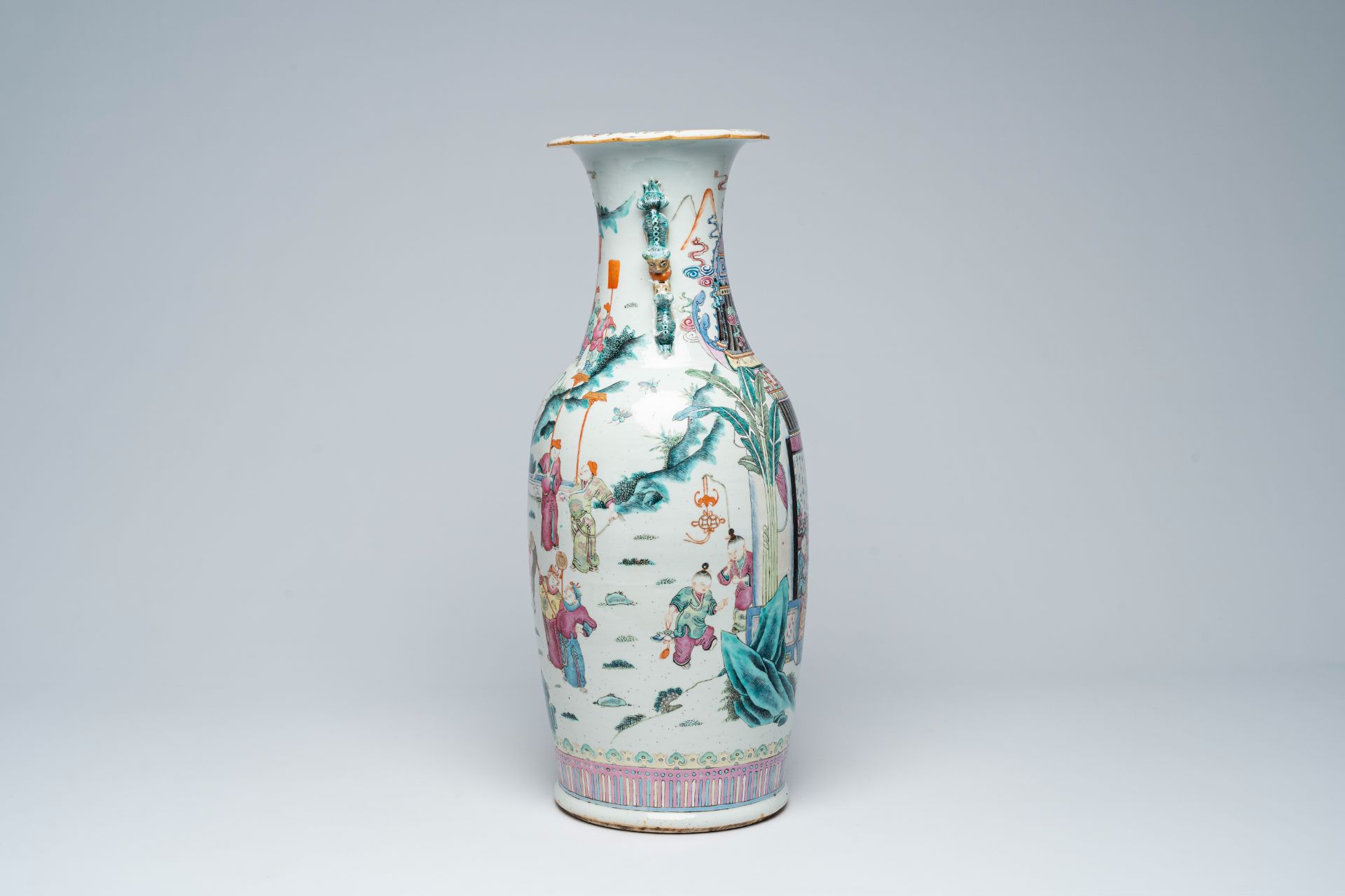 A Chinese famille rose vase with an animated palace scene all around, 19th C. - Image 2 of 4