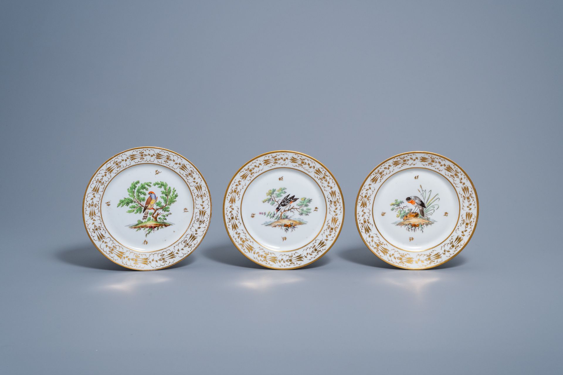 A set of eleven French plates and one oval charger with gilt and polychrome exotic birds design, fir - Image 6 of 9