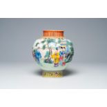 A Chinese famille rose vase with the welcoming of the travellers, Qianlong mark, Republic, 20th C.