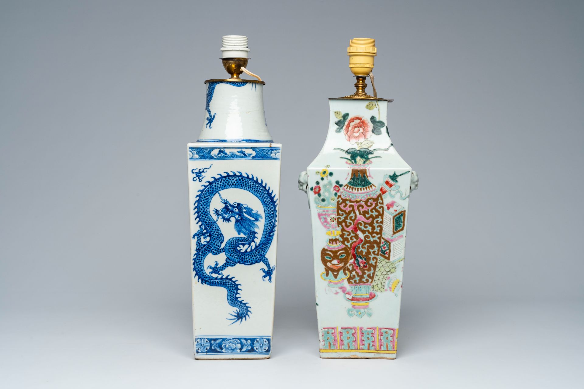 Two Chinese square blue, white and famille rose vases with dragons and antiquities mounted as lamps, - Image 4 of 8