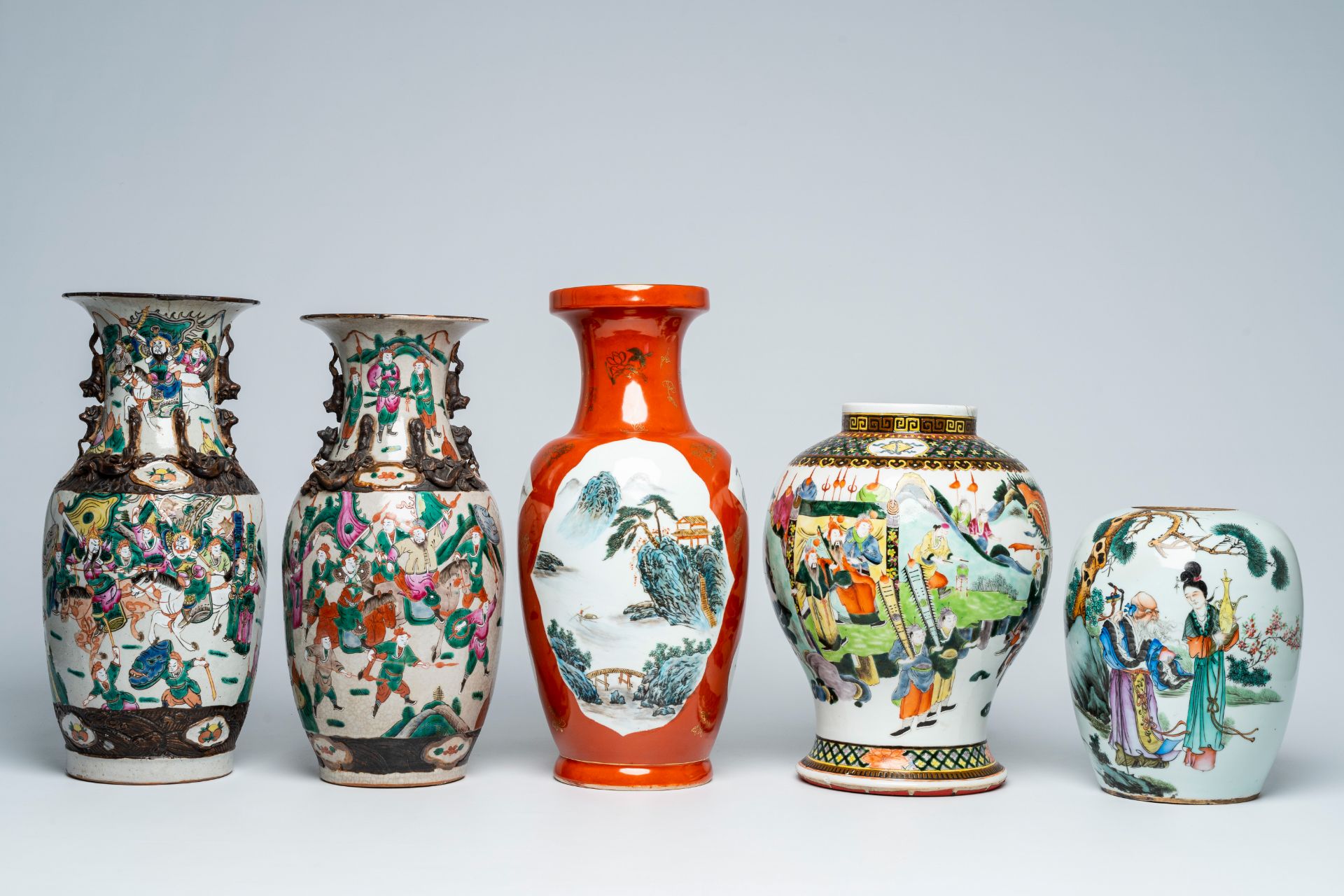 Four various Chinese famille rose and qianjiang cai vases and a qianjiang cai 'Shou' jar and cover, - Image 2 of 9