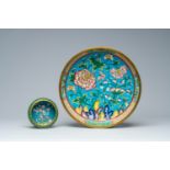 A Chinese cloisonnÃ© brush washer and a bowl with floral design, 20th C.