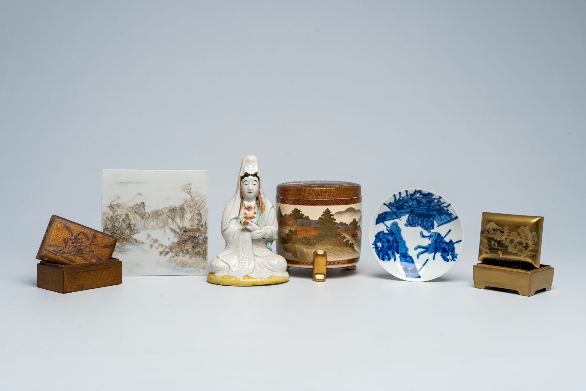 Two Japanese lacquered boxes and covers, a Satsuma jar and cover and various polychrome porcelain, M - Image 2 of 10