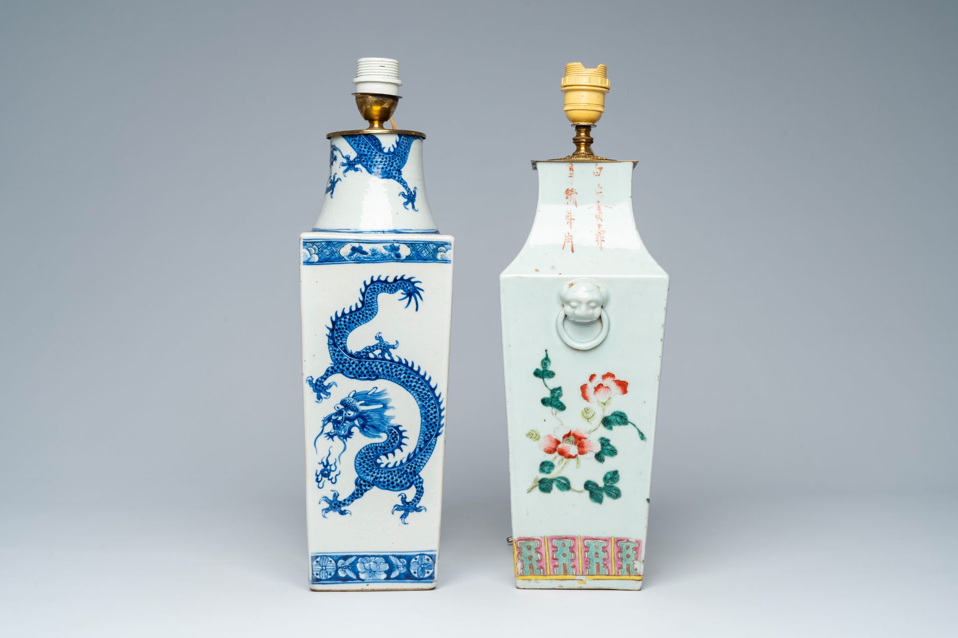 Two Chinese square blue, white and famille rose vases with dragons and antiquities mounted as lamps, - Image 3 of 8