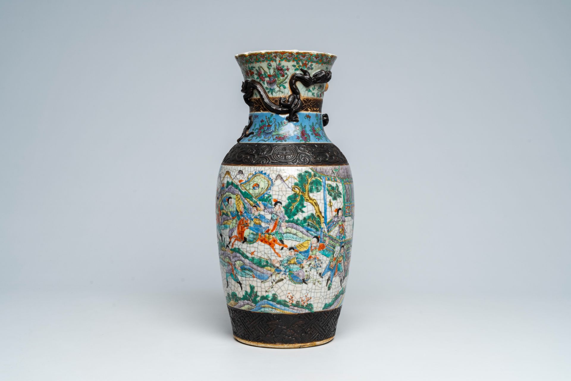 A Chinese Nanking crackle glazed bronze mounted famille rose 'warrior' vase, 19th C. - Image 5 of 7