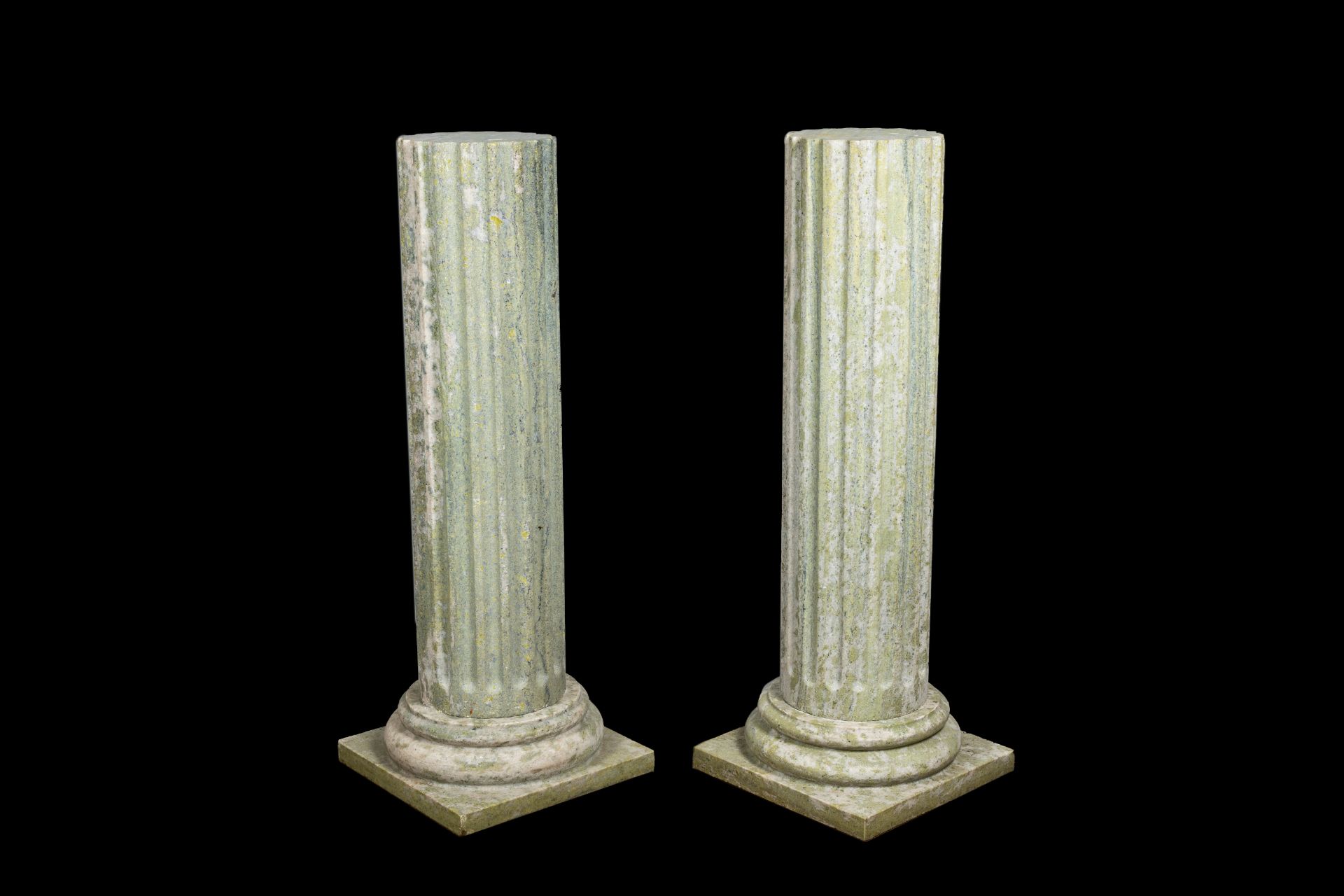 A pair of light green natural stone fluted columns, 20th C. - Image 2 of 8