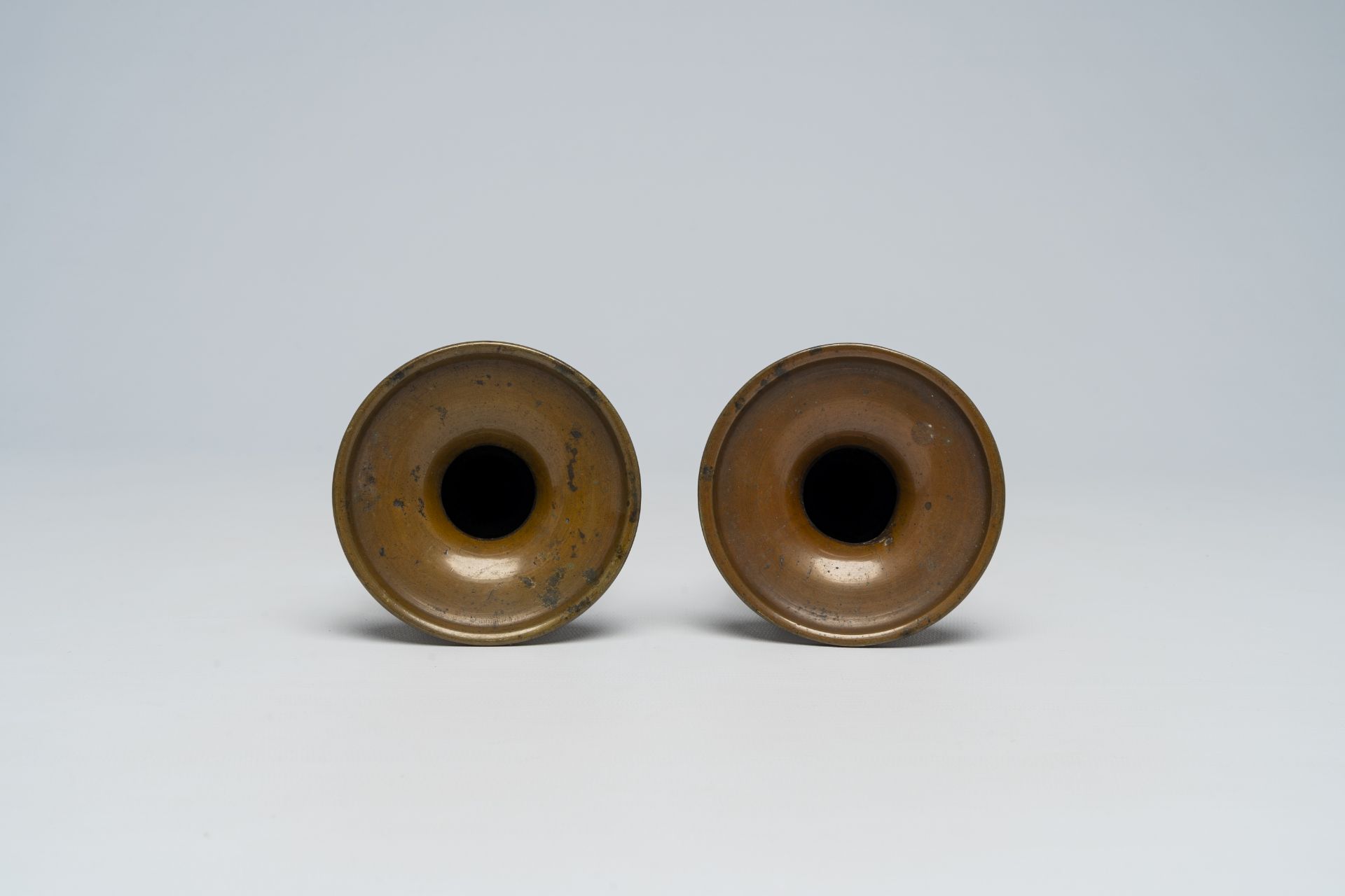 A pair of Japanese bronze vases, two mixed metal chargers with relief design, a blue and white dish - Image 9 of 21