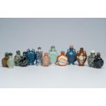 Thirteen various Chinese porcelain, hardstone, quartz and agate snuff bottles, 19th/20th C.