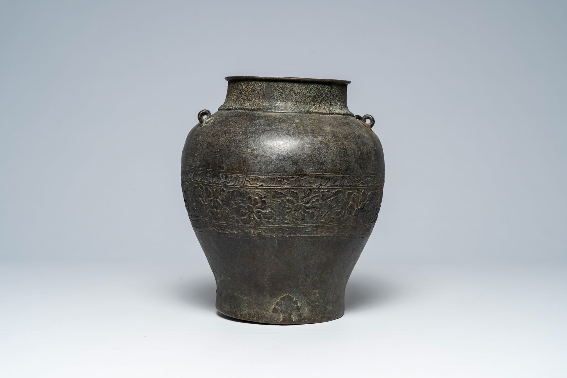 A Japanese or Korean bronze vase with floral relief frieze, probably 17th/18th C. - Image 3 of 6