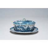 A Chinese blue and white butter tub on stand with an animated river landscape, Qianlong