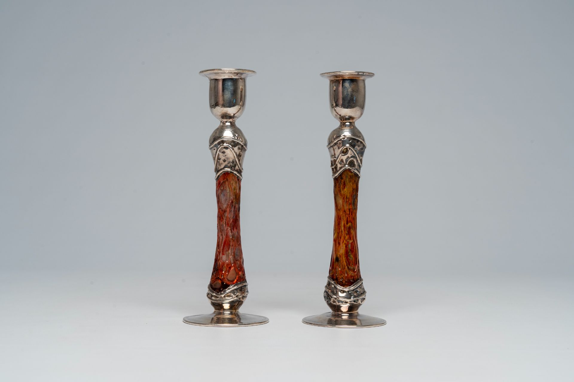 A pair of English or Scottish Arts & Crafts style silver and glass candlesticks, 20th C. - Image 4 of 11