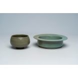 Two Chinese Song style celadon brush washers, 20th C.