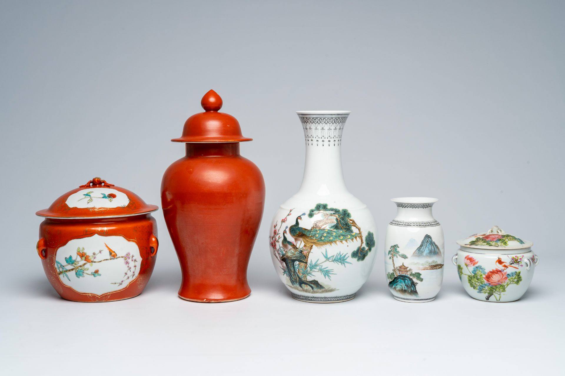 A varied collection of Chinese polychrome porcelain comprising two jars and covers and three vases, - Image 2 of 9