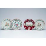 Four Chinese Kakiemon style and famille rose plates with birds among blossoming branches, Yongzheng/