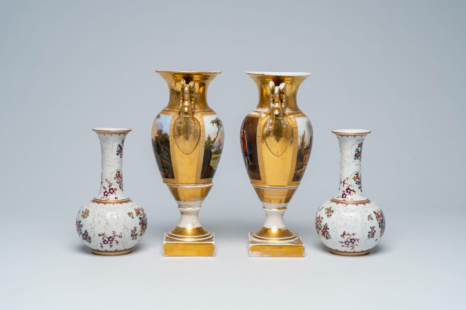 A pair of French gilt and polychrome vases and a pair of famille rose style vases with a coat of arm - Image 3 of 8