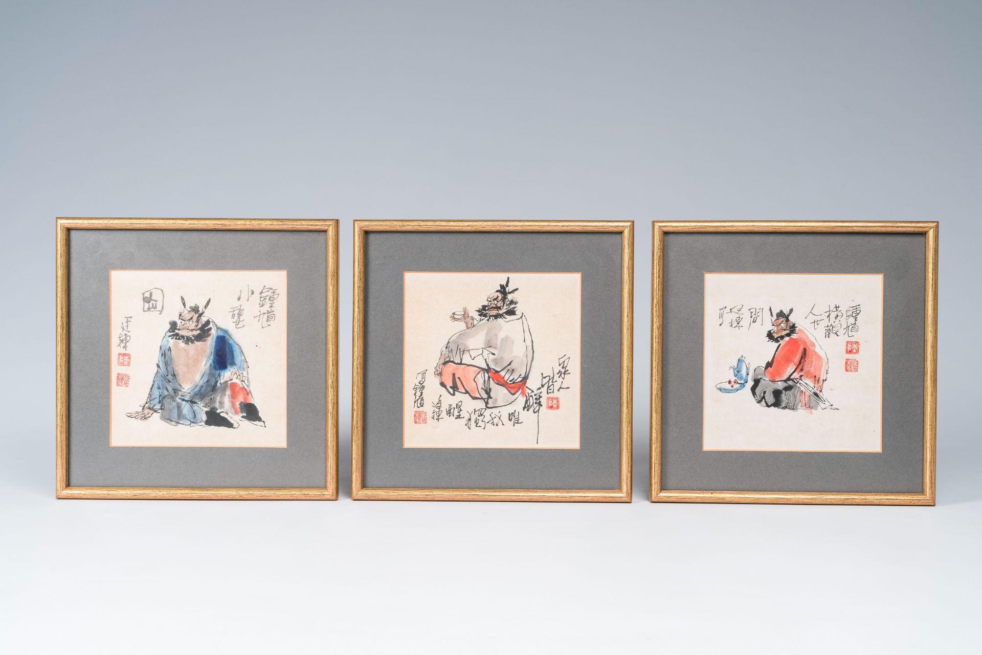 Lu Yandong (20th C.): Three 'Zhong Kui' paintings, ink and colours on paper