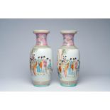 A pair of Chinese famille rose vases with court ladies in a palace garden, 20th C.