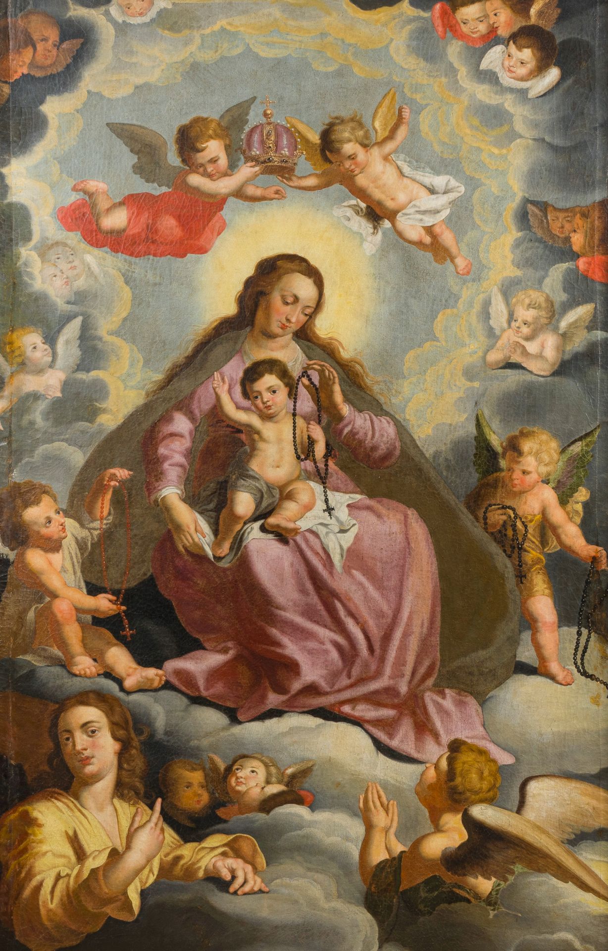 Flemish school: Madonna of the Rosary, oil on canvas, 17th C.