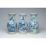 Three Chinese blue and white celadon ground vases with Buddhist lions and phoenixes, 19th C.